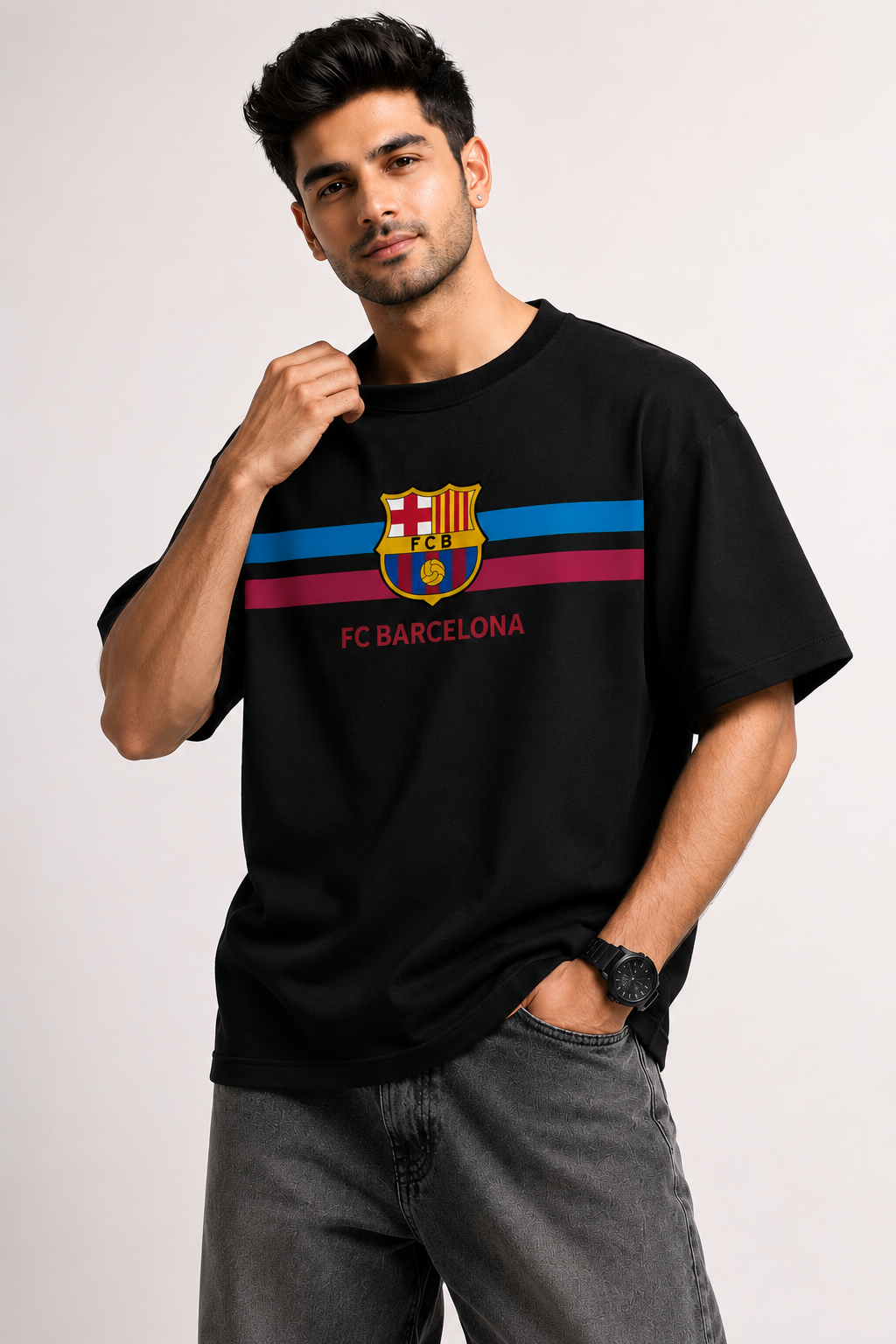 FC Barcelona Classic Stripe Oversized T-Shirt – Black Edition