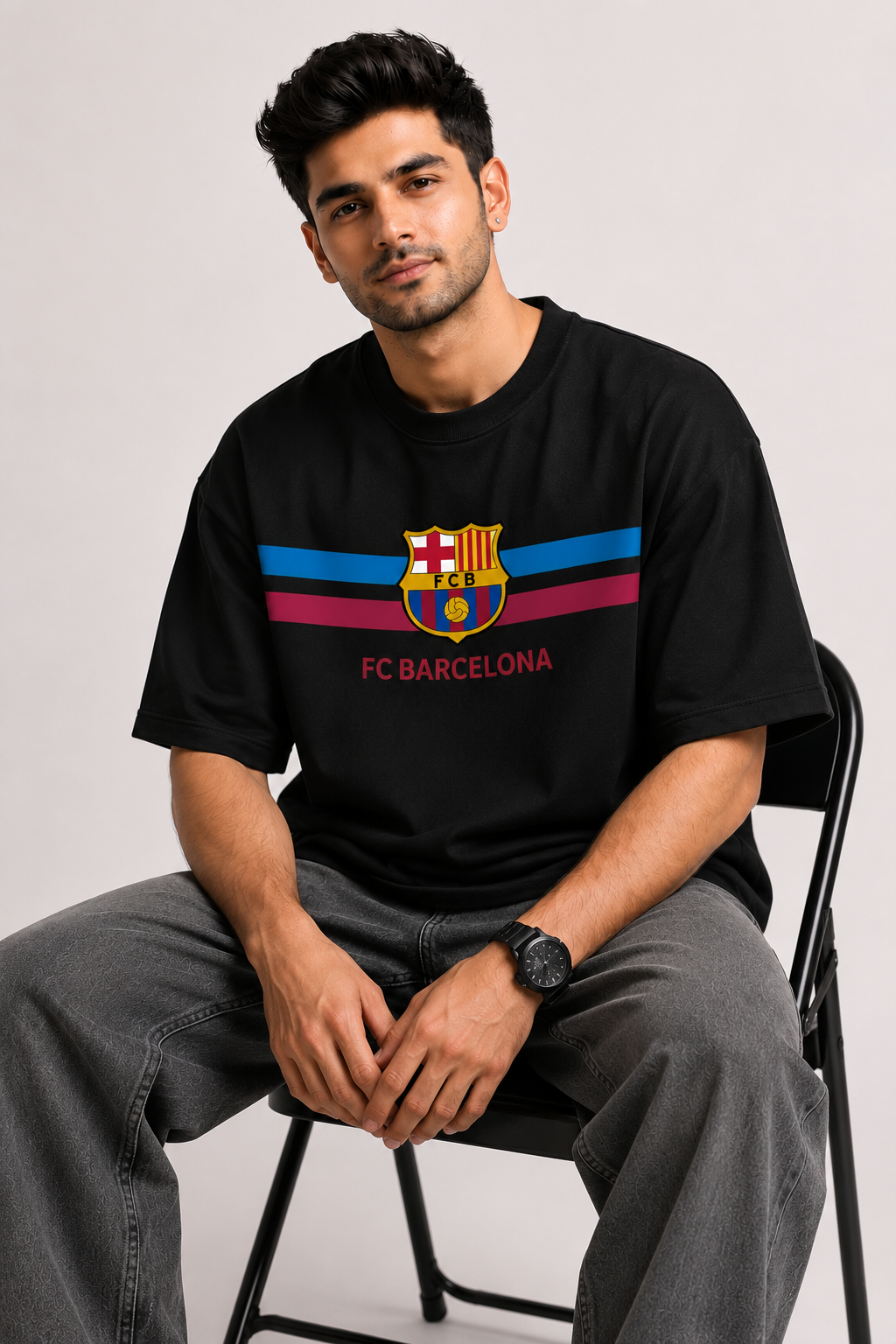 FC Barcelona Classic Stripe Oversized T-Shirt – Black Edition