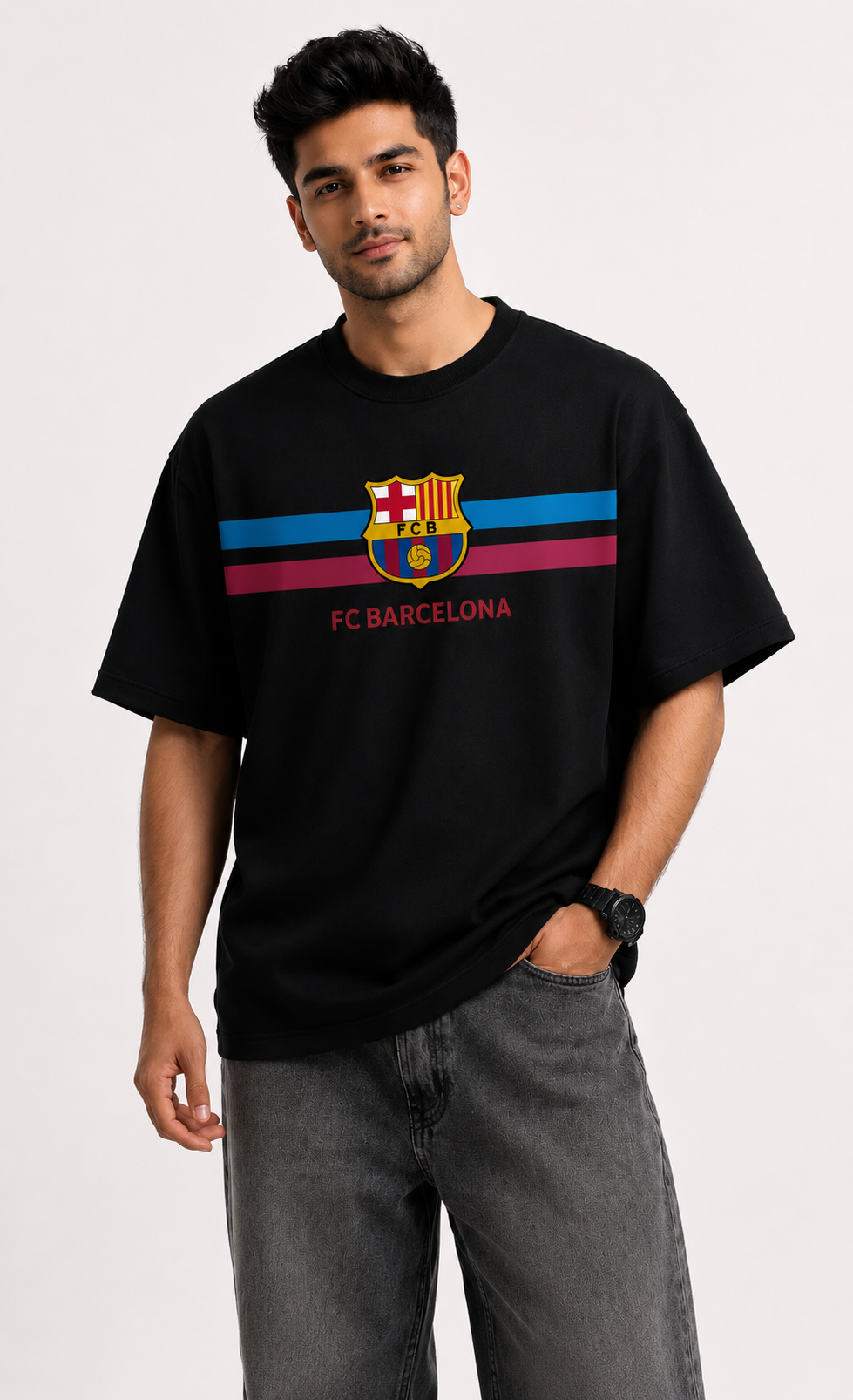 FC Barcelona Classic Stripe Oversized T-Shirt – Black Edition