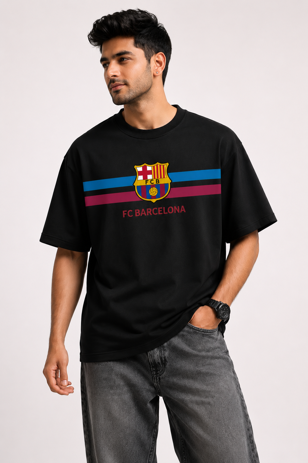 FC Barcelona Classic Stripe Oversized T-Shirt – Black Edition